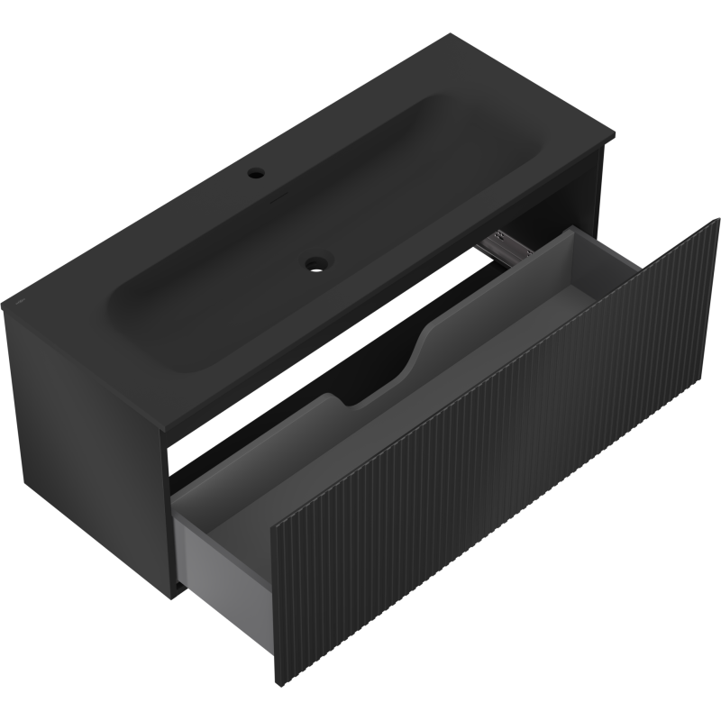 Mexen Rivel vonios kambario spintelė 120 cm su praustuvu Vela, 1 stalčius, rifliuota, juoda matinė - 91A20-12047-1-BF71-W23M71