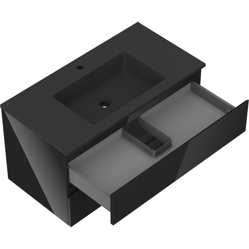 Mexen Orio vonios spintelė 90 cm su praustuvu Otis, 2 stalčiai, juoda blizgi/juoda matinė - 91A10-09047-2-BFF70-W18M71