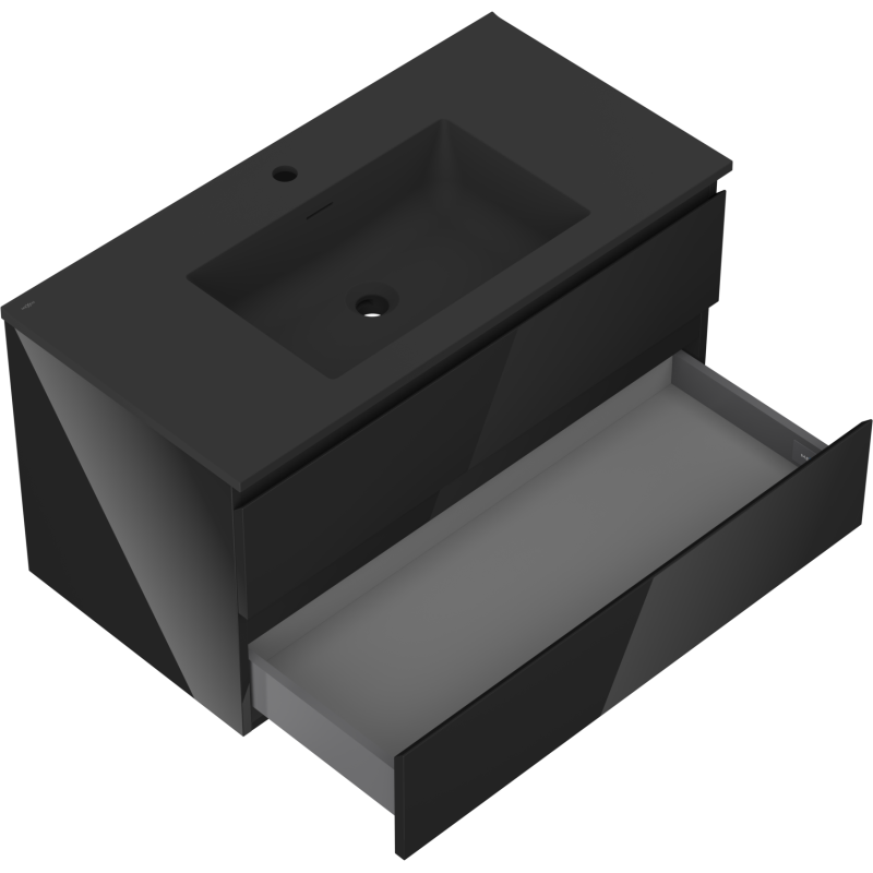 Mexen Orio vonios spintelė 90 cm su praustuvu Otis, 2 stalčiai, juoda blizgi/juoda matinė - 91A10-09047-2-BFF70-W18M71