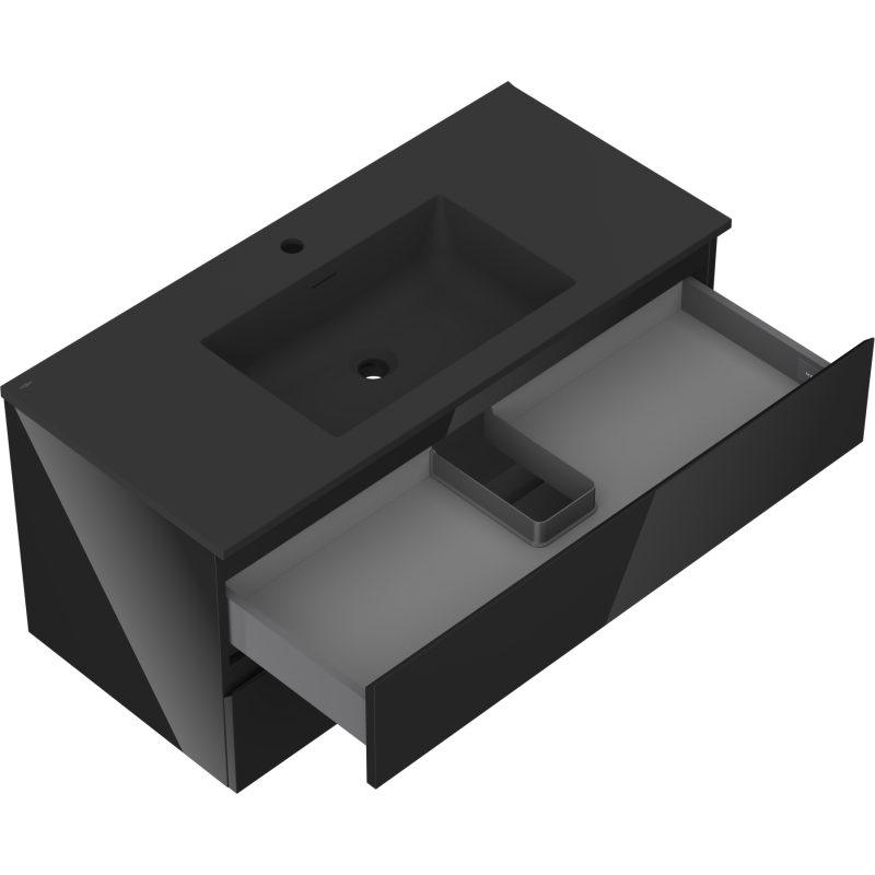 Mexen Orio vonios spintelė 100 cm su praustuvu Otis, 2 stalčiai, juoda blizgi/juoda matinė - 91A10-10047-2-BFF70-W18M71