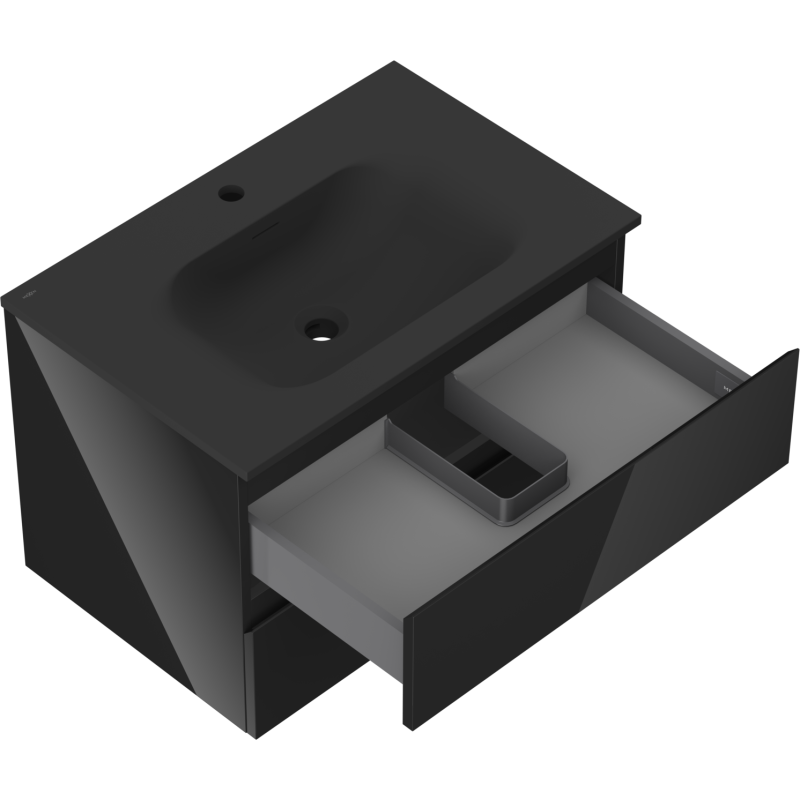 Mexen Orio vonios kambario spintelė 70 cm su praustuvu Vela, 2 stalčiai, juoda blizgi/juoda matinė - 91A10-07047-2-BFF70-W23M71