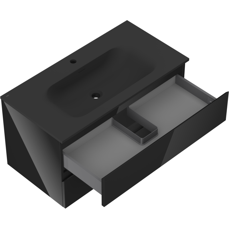 Mexen Orio vonios spintelė 90 cm su praustuvu Vela, 2 stalčiai, juodas blizgus/juodas matinis - 91A10-09047-2-BFF70-W23M71