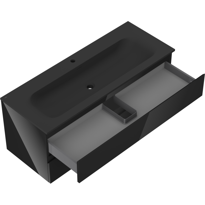Mexen Orio vonios kambario spintelė 120 cm su Vela kriaukle, 2 stalčiai, blizgi juoda/matinė juoda - 91A10-12047-2-BFF70-W23M71
