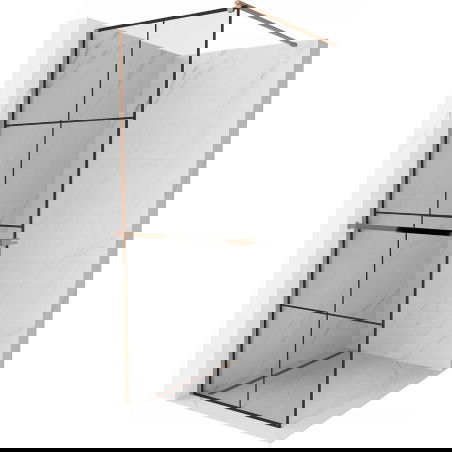 Mexen Kioto+ dušo sienelė su lentyna ir bėgeliu 80 x 200 cm, Skaidrus/Juodas raštas 8 mm, Rožinio aukso - 800-080-121-60-77