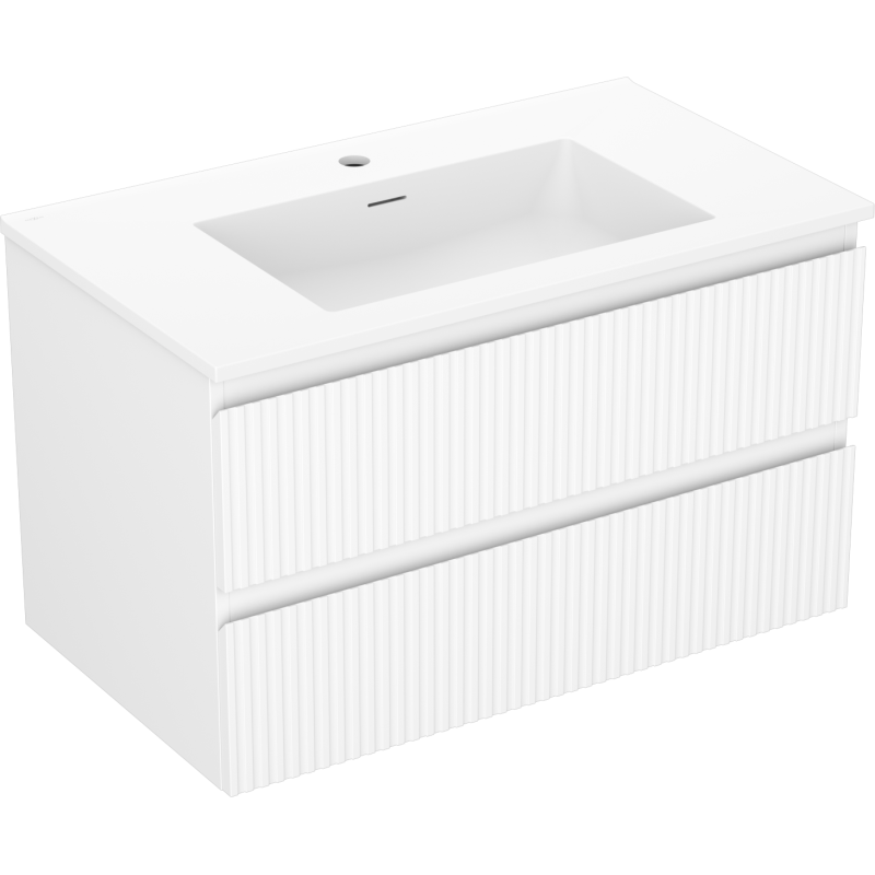 Mexen Rivel vonios kambario spintelė 80 cm su praustuvu Otis, 2 stalčiai, gofruota, balta matinė - 91A20-08047-2-BFF01-W18M01