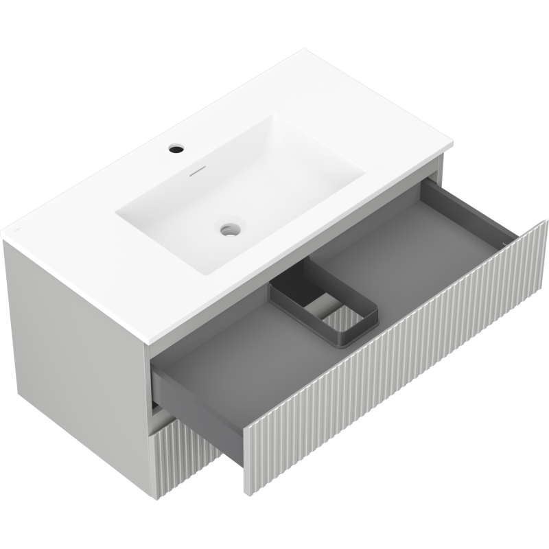 Mexen Rivel vonios spintelė 90 cm su kriaukle Otis, 2 stalčiai, rifliuota, pilka matinė/balta matinė