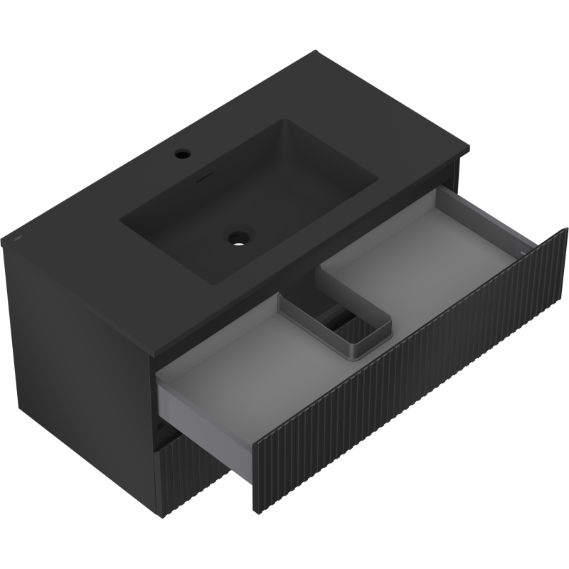 Mexen Rivel vonios spintelė 90 cm su kriaukle Otis, 2 stalčiai, rifliuota, juoda matinė - 91A20-09047-2-BFF71-W18M71