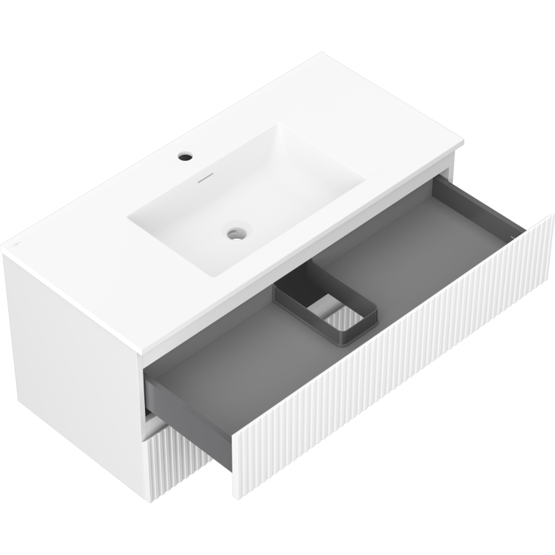 Mexen Rivel vonios kambario spintelė 100 cm su Otis kriaukle, 2 stalčiai, grioveliai, balta matinė - 91A20-10047-2-BFF01-W18M01
