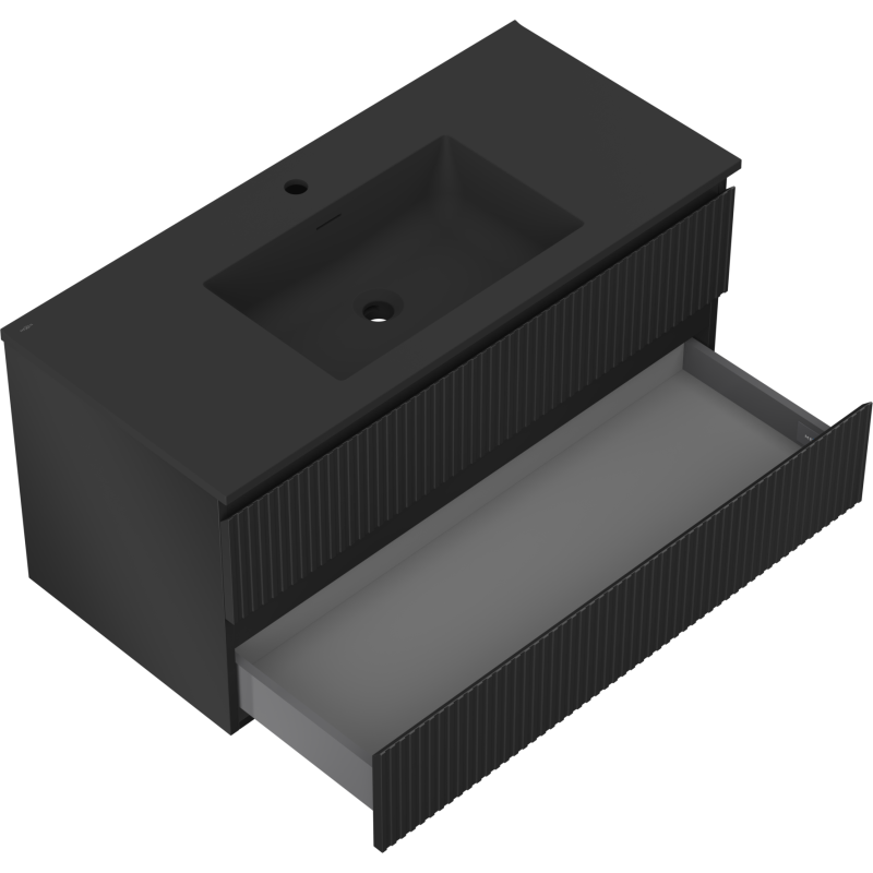 Mexen Rivel vonios kambario spintelė 100 cm su Otis praustuvu, 2 stalčiai, juoda matinė - 91A20-10047-2-BFF71-W18M71