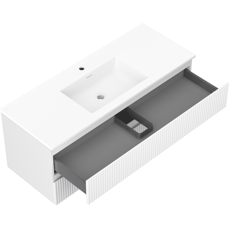 Mexen Rivel vonios kambario spintelė 120 cm su Otis praustuvu, 2 stalčiai, rifliuota, balta matinė - 91A20-12047-2-BFF01-W18M01