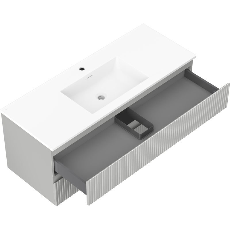 Mexen Rivel vonios spintelė 120 cm su praustuvu Otis, 2 stalčiai, rifliuota, pilka matinė/balta matinė -