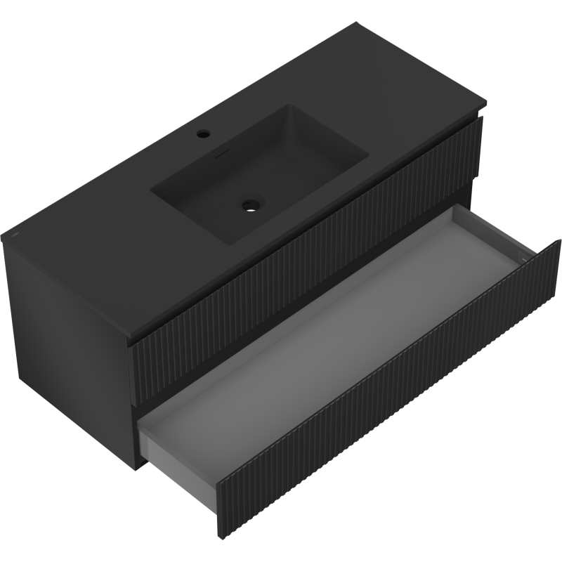 Mexen Rivel vonios kambario spintelė 120 cm su Otis praustuvu, 2 stalčiai, rifliuota, juoda matinė - 91A20-12047-2-BFF71-W18M71