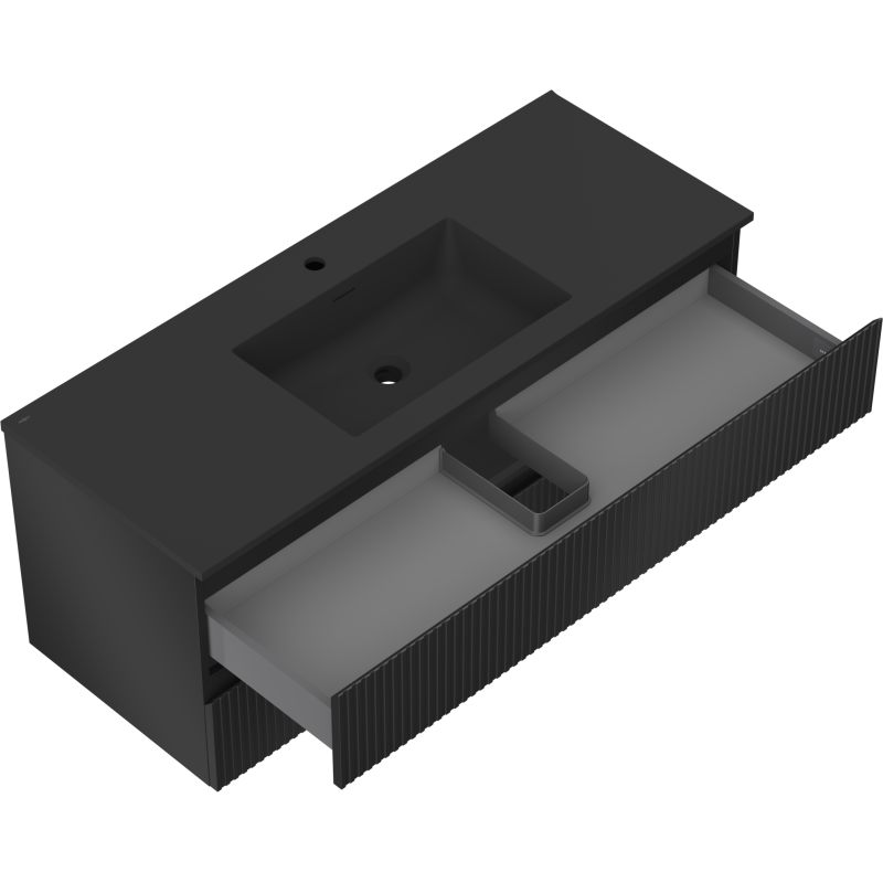 Mexen Rivel vonios kambario spintelė 120 cm su Otis praustuvu, 2 stalčiai, rifliuota, juoda matinė - 91A20-12047-2-BFF71-W18M71