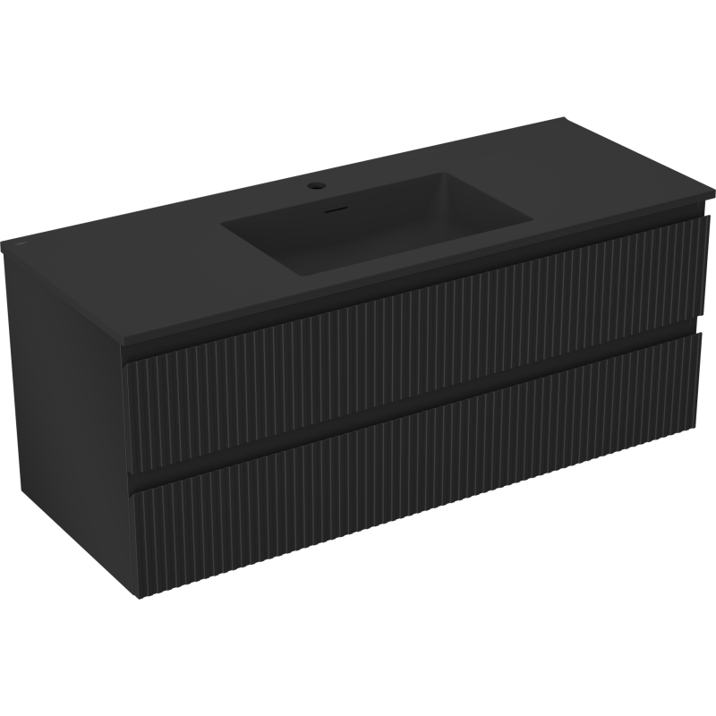 Mexen Rivel vonios kambario spintelė 120 cm su Otis praustuvu, 2 stalčiai, rifliuota, juoda matinė - 91A20-12047-2-BFF71-W18M71