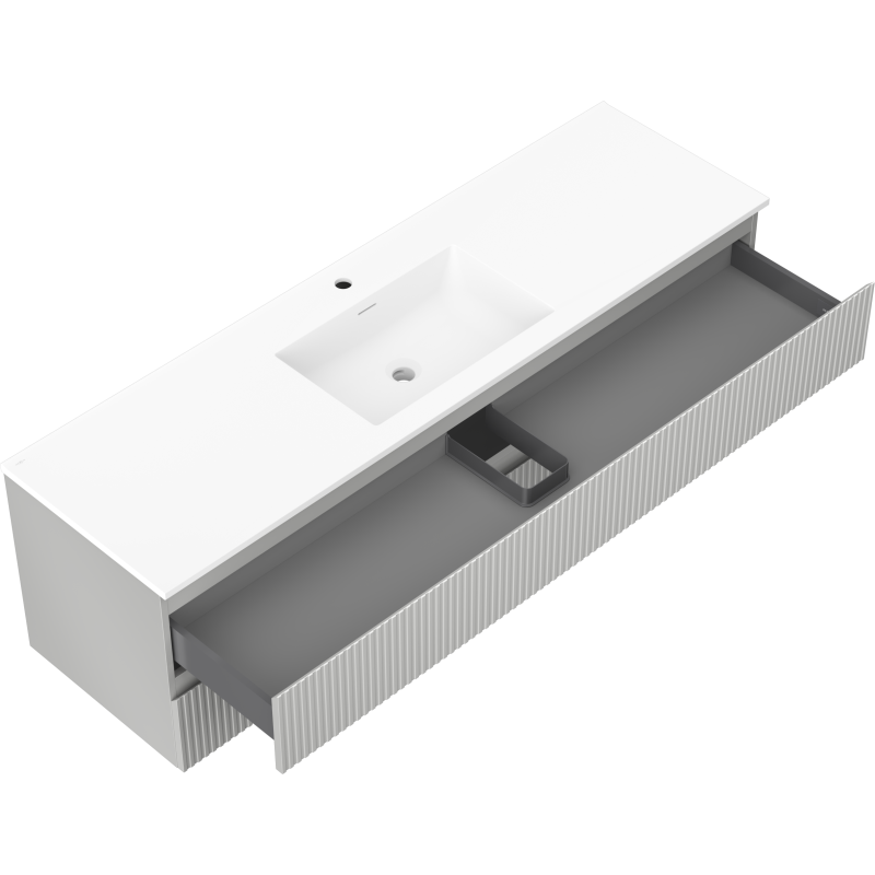 Mexen Rivel vonios spintelė 160 cm su kriaukle Otis, 2 stalčiai, rifliuota, pilka matinė/balta matinė -