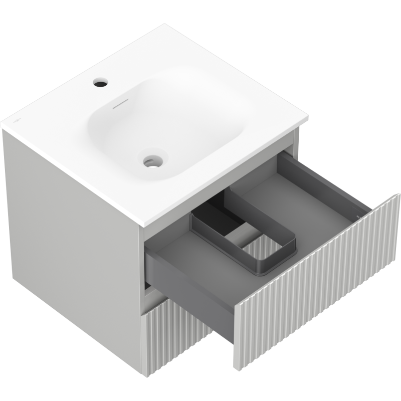 Mexen Rivel vonios spintelė 50 cm su Vela praustuvu, 2 stalčiai, rifliuota, pilka matinė/balta matinė