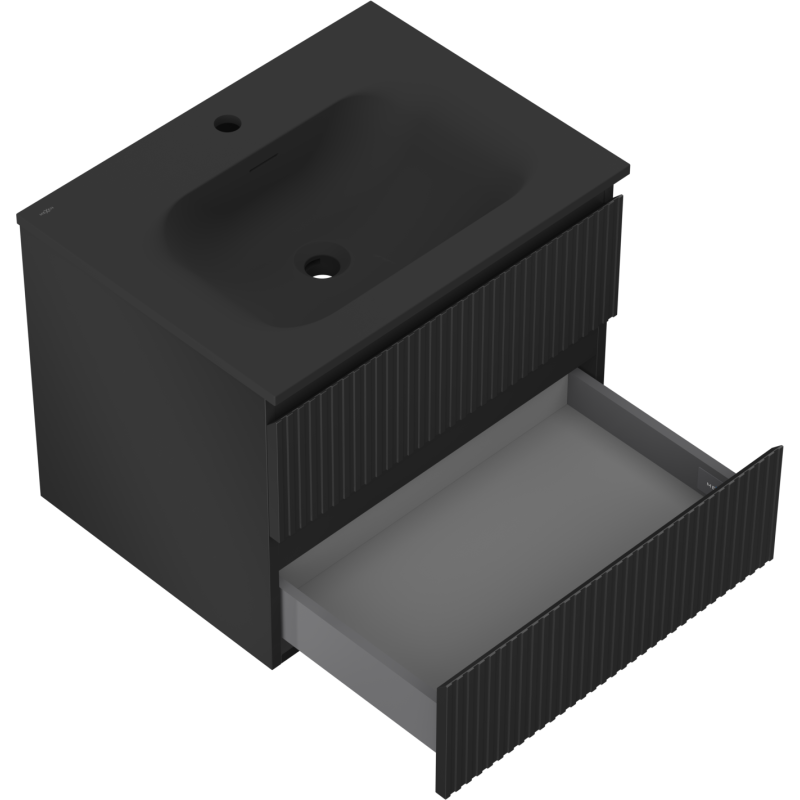 Mexen Rivel vonios spintelė 60 cm su praustuvu Vela, 2 stalčiai, rifliuota, juoda matinė - 91A20-06047-2-BFF71-W23M71