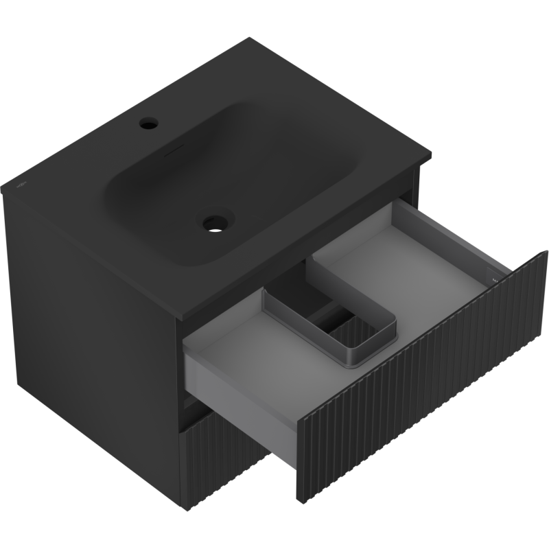 Mexen Rivel vonios spintelė 60 cm su praustuvu Vela, 2 stalčiai, rifliuota, juoda matinė - 91A20-06047-2-BFF71-W23M71