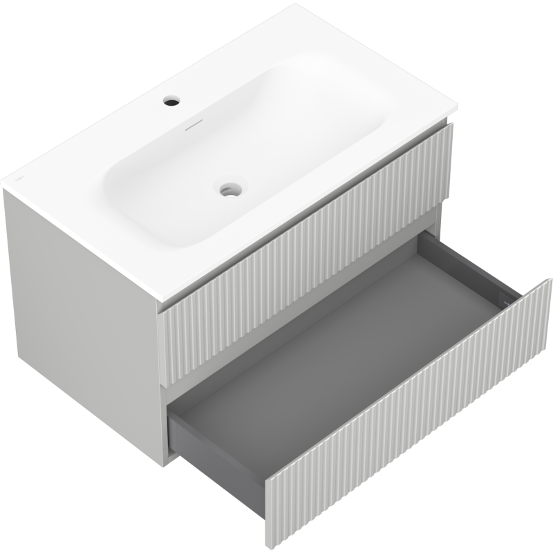 Mexen Rivel vonios spintelė 80 cm su Vela kriaukle, 2 stalčiai, rifliuota, pilka matinė/balta matinė