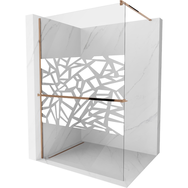 Mexen Kioto+ dušo sienelė su lentyna Walk-in 130 x 200 cm, baltas raštas, rožinis auksas - 800-130-121-60-85