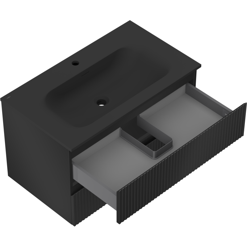 Mexen Rivel vonios spintelė 80 cm su praustuvu Vela, 2 stalčiai, grioveliuota, juoda matinė - 91A20-08047-2-BFF71-W23M71