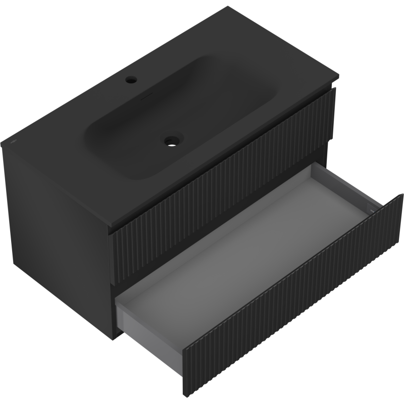 Mexen Rivel vonios spintelė 90 cm su kriaukle Vela, 2 stalčiai, rifliuota, juoda matinė - 91A20-09047-2-BFF71-W23M71