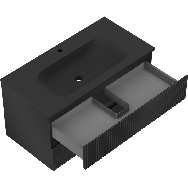 Mexen Rivel vonios spintelė 90 cm su kriaukle Vela, 2 stalčiai, rifliuota, juoda matinė - 91A20-09047-2-BFF71-W23M71