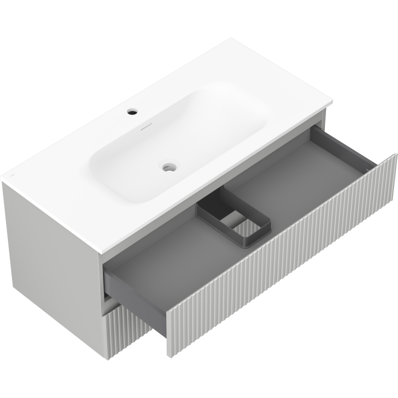 Mexen Rivel vonios spintelė 100 cm su kriaukle Vela, 2 stalčiai, rifliuota, pilka matinė/balta matinė