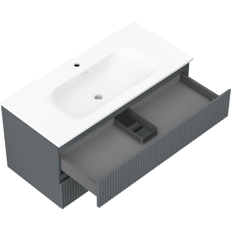 Mexen Rivel vonios spintelė 100 cm su kriaukle Vela, 2 stalčiai, grioveliai, matinė grafito / balta