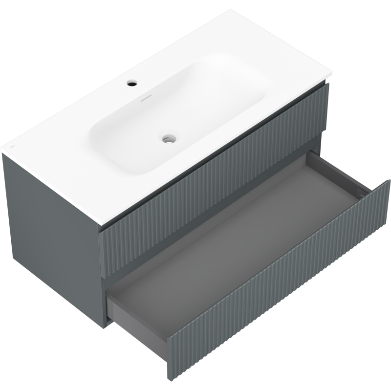 Mexen Rivel vonios spintelė 100 cm su kriaukle Vela, 2 stalčiai, grioveliai, matinė grafito / balta