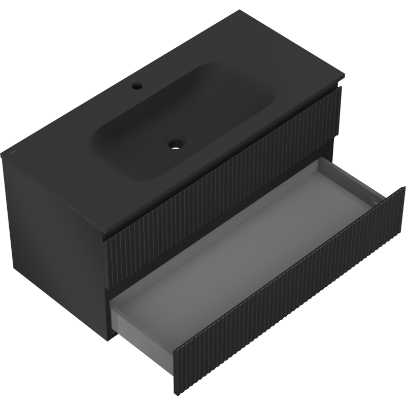 Mexen Rivel vonios spintelė 100 cm su praustuvu Vela, 2 stalčiai, gofruota, matinė juoda - 91A20-10047-2-BFF71-W23M71