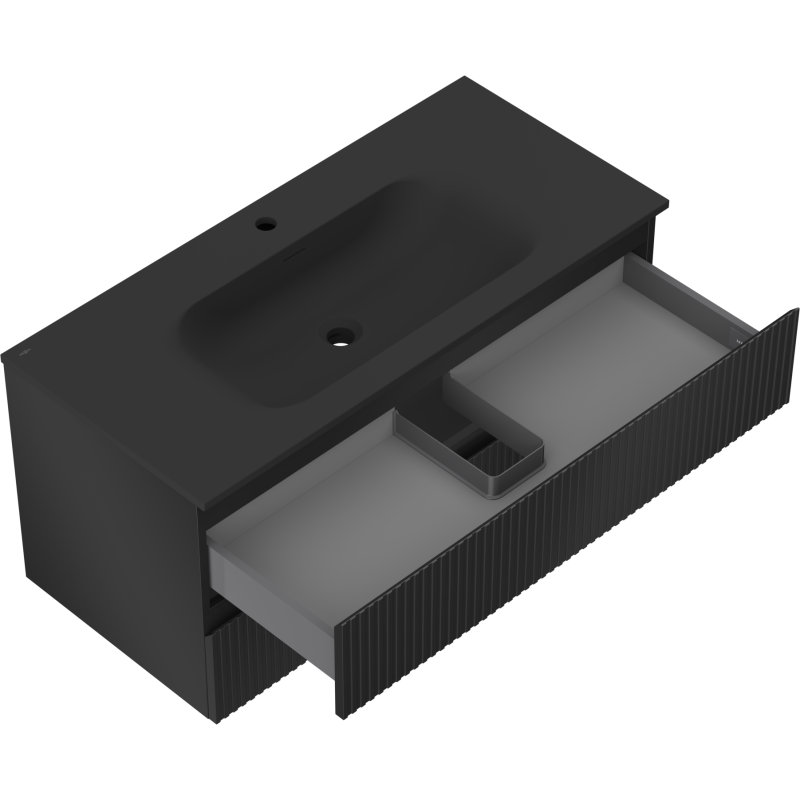 Mexen Rivel vonios spintelė 100 cm su praustuvu Vela, 2 stalčiai, gofruota, matinė juoda - 91A20-10047-2-BFF71-W23M71