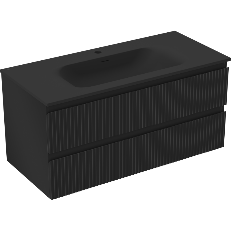 Mexen Rivel vonios spintelė 100 cm su praustuvu Vela, 2 stalčiai, gofruota, matinė juoda - 91A20-10047-2-BFF71-W23M71
