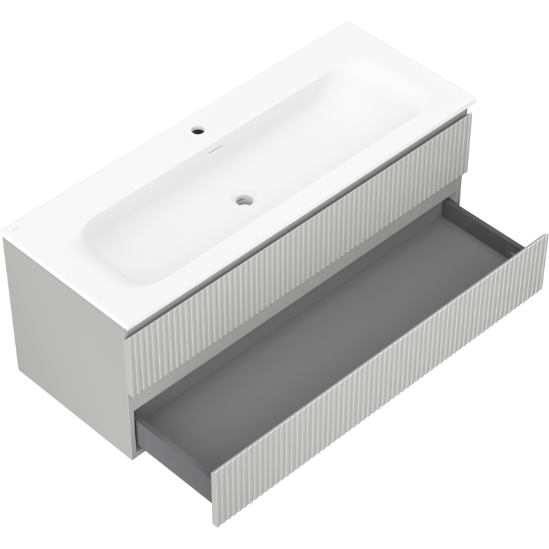 Mexen Rivel vonios spintelė 120 cm su praustuvu Vela, 2 stalčiai, rifliuota, pilka matinė/balta matinė -