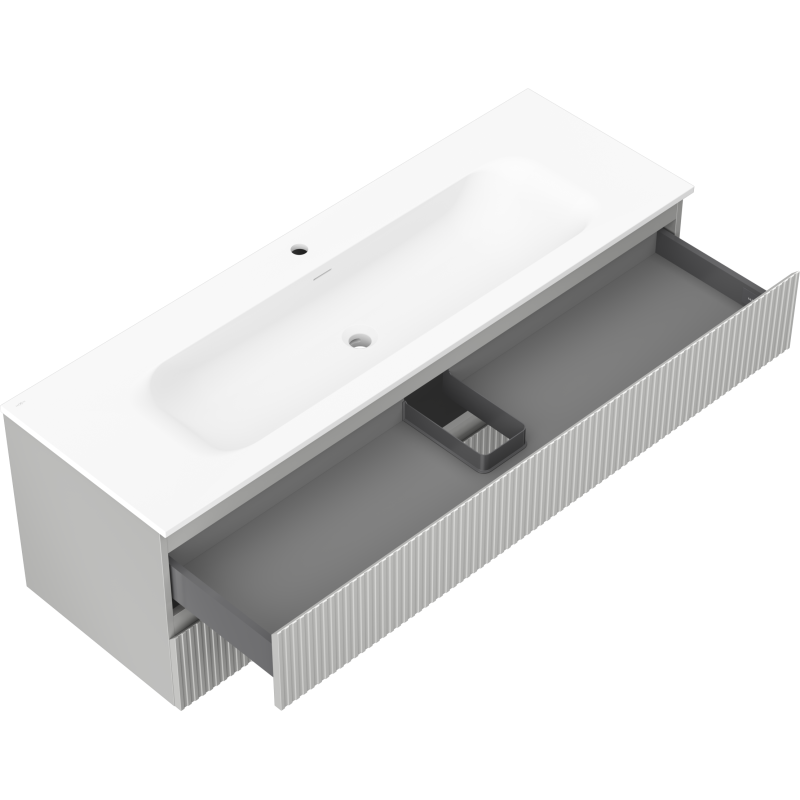 Mexen Rivel vonios spintelė 140 cm su praustuvu Vela, 2 stalčiai, rifliuota, pilka matinė/balta matinė -