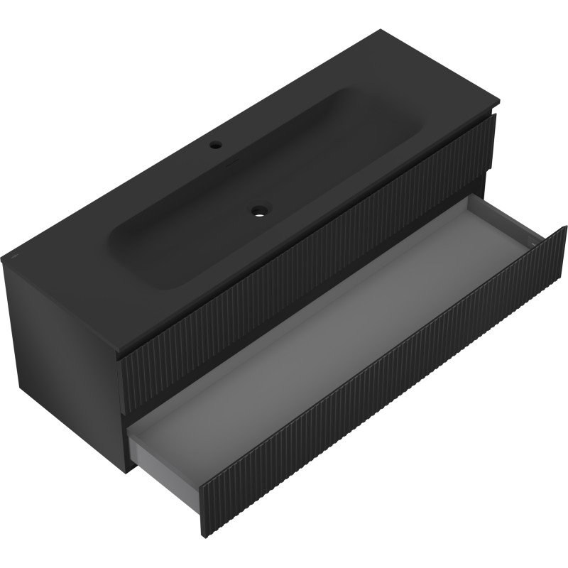 Mexen Rivel vonios kambario spintelė 140 cm su praustuvu Vela, 2 stalčiai, rifliuota, juoda matinė - 91A20-14047-2-BFF71-W23M71