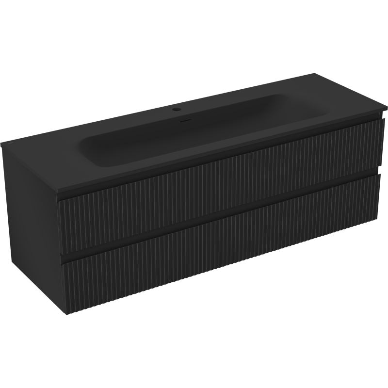 Mexen Rivel vonios kambario spintelė 140 cm su praustuvu Vela, 2 stalčiai, rifliuota, juoda matinė - 91A20-14047-2-BFF71-W23M71