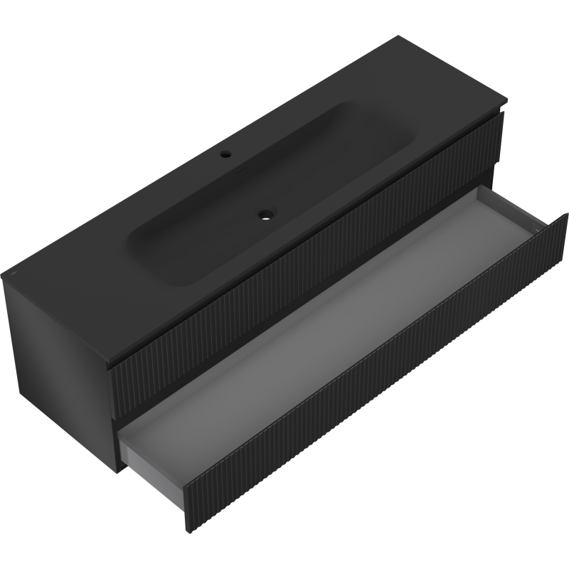 Mexen Rivel vonios spintelė 160 cm su Vela praustuvu, 2 stalčiai, rifliuota, juoda matinė - 91A20-16047-2-BFF71-W23M71