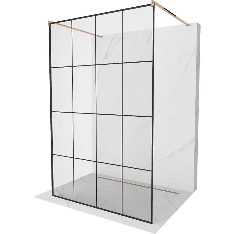 Mexen Kioto laisvai stovinti dušo sienelė 130 x 200 cm, juodas tinklelis 8 mm, rožinis auksas - 800-130-002-60-77