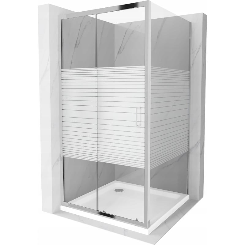 Mexen Apia slankiojamoji dušo kabina 90 x 90 cm, baltos juostos, chromas + Flat padėklas - 840-090-090-01-20-4010