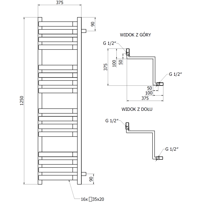Mexen Loop kampinis vonios kambario radiatorius 1250 x 375 mm, 666 W, baltas - W129-1250-350-00-20