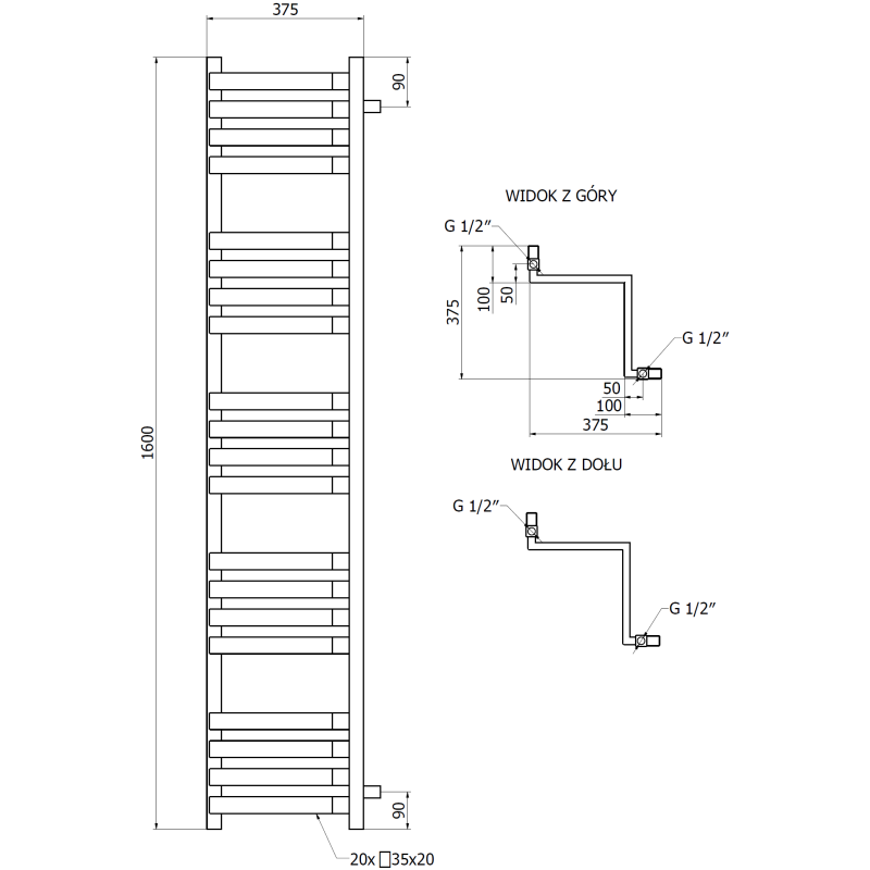 Mexen Loop kampinis vonios radiatorius 1600 x 375 mm, 837 W, juodas - W129-1600-350-00-70