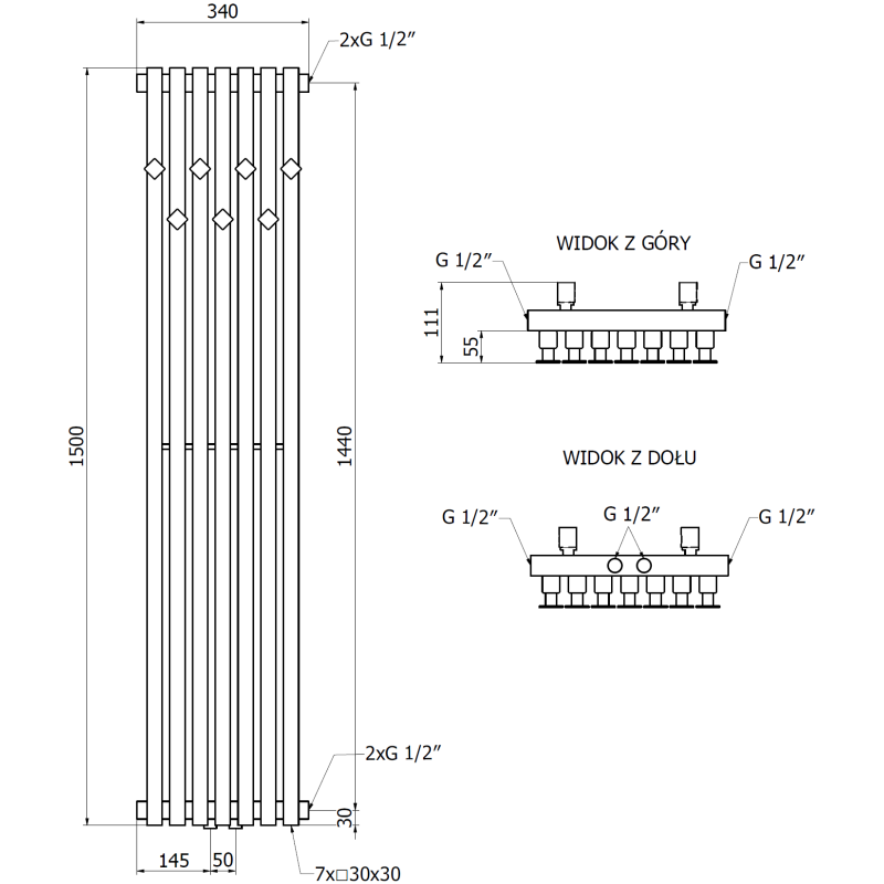 Mexen Flux dekoratyvinis vonios radiatorius 1500 x 340 mm, 630 W, juodas - W127-1500-340-00-70