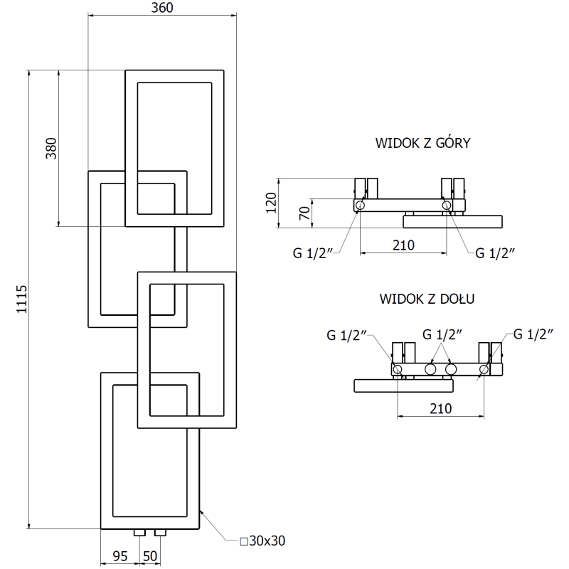 Mexen Grid dekoratyvinis vonios radiatorius 1115 x 360 mm, 279 W, juodas - W215-1115-360-00-70