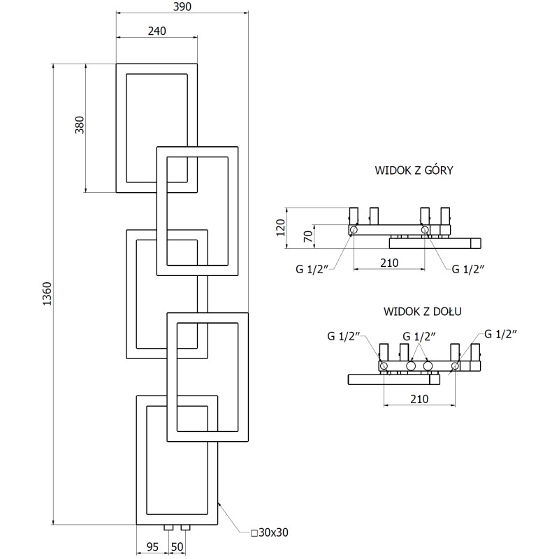 Mexen Grid dekoratyvinis vonios radiatoriaus 1360 x 390 mm, 349 W, juodas - W215-1360-390-00-70