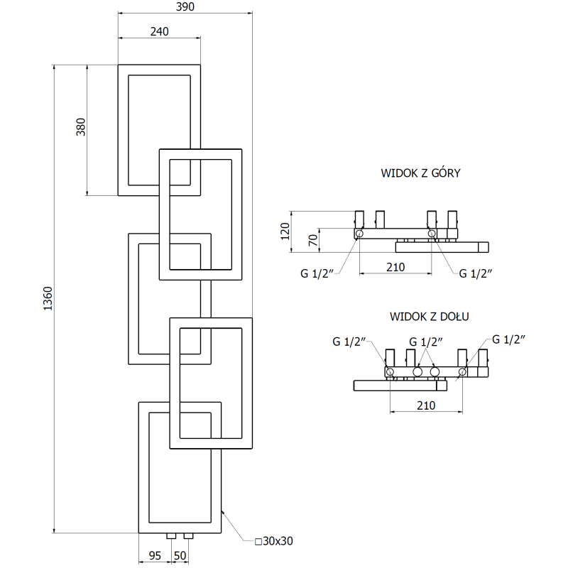 Mexen Grid dekoratyvinis vonios radiatorius 1360 x 390 mm, 349 W, juodas - W215-1360-390-00-70