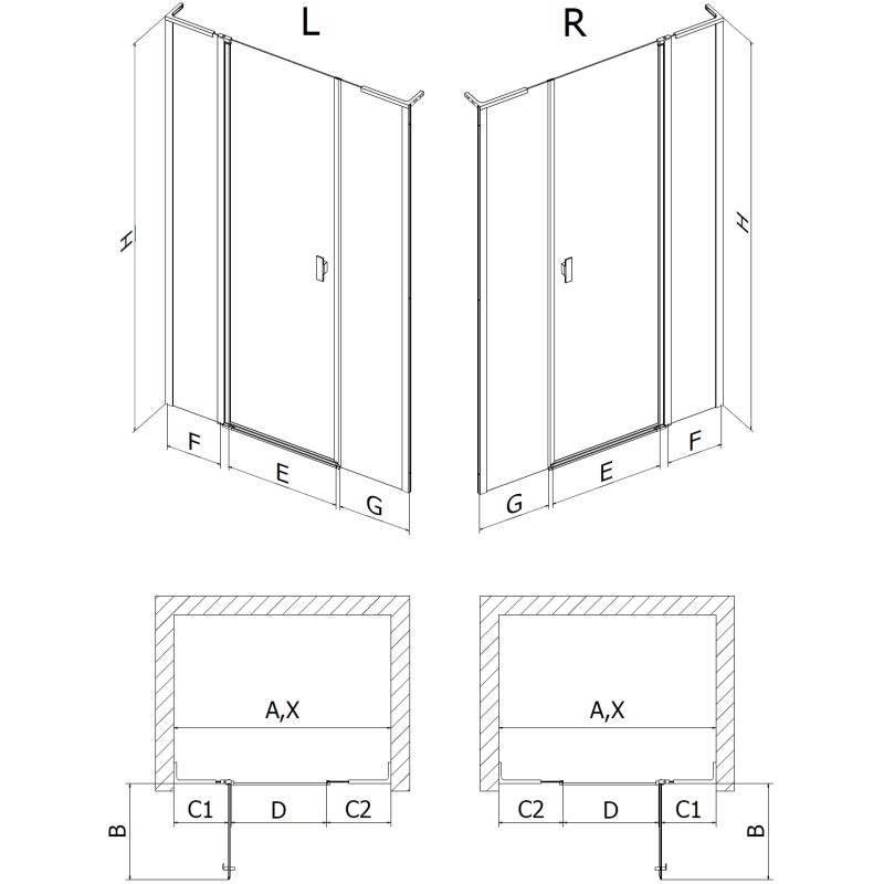 Mexen Mist L kairios dušo durys 155 cm, juodas rėmelis, juoda - 8A4L-155-001-70-70-L