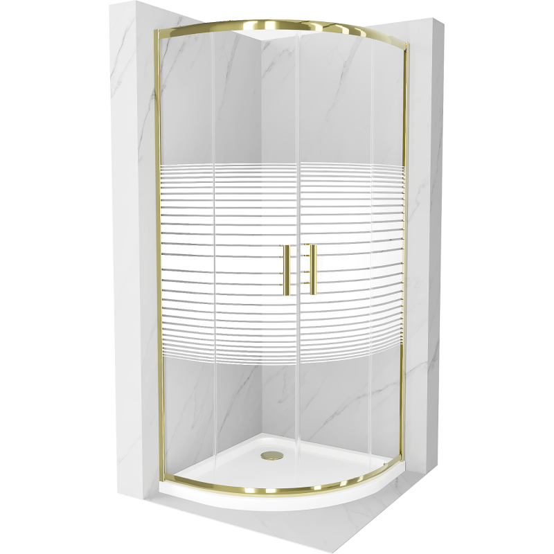 Mexen Rio pusapvalė dušo kabina 80 x 80 cm, baltos juostos, auksinė + plokščias padėklas, baltas - 863-080-080-50-20-4110G