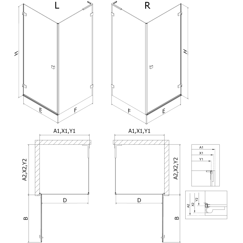 Mexen Lunar-B L atveriama dešinė kampinė dušo kabina 80 x 80 cm, skaidri, šlifuotas nikelis - 832L-080-080-97-00-P
