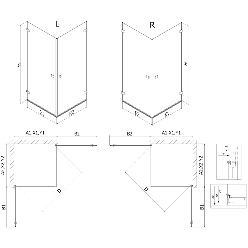 Mexen Lunar-B Duo dušinė kabina su varstomomis durimis 80 x 70 cm, permatomas, šlifuotas nikelis - 832-080L-070P-97-00